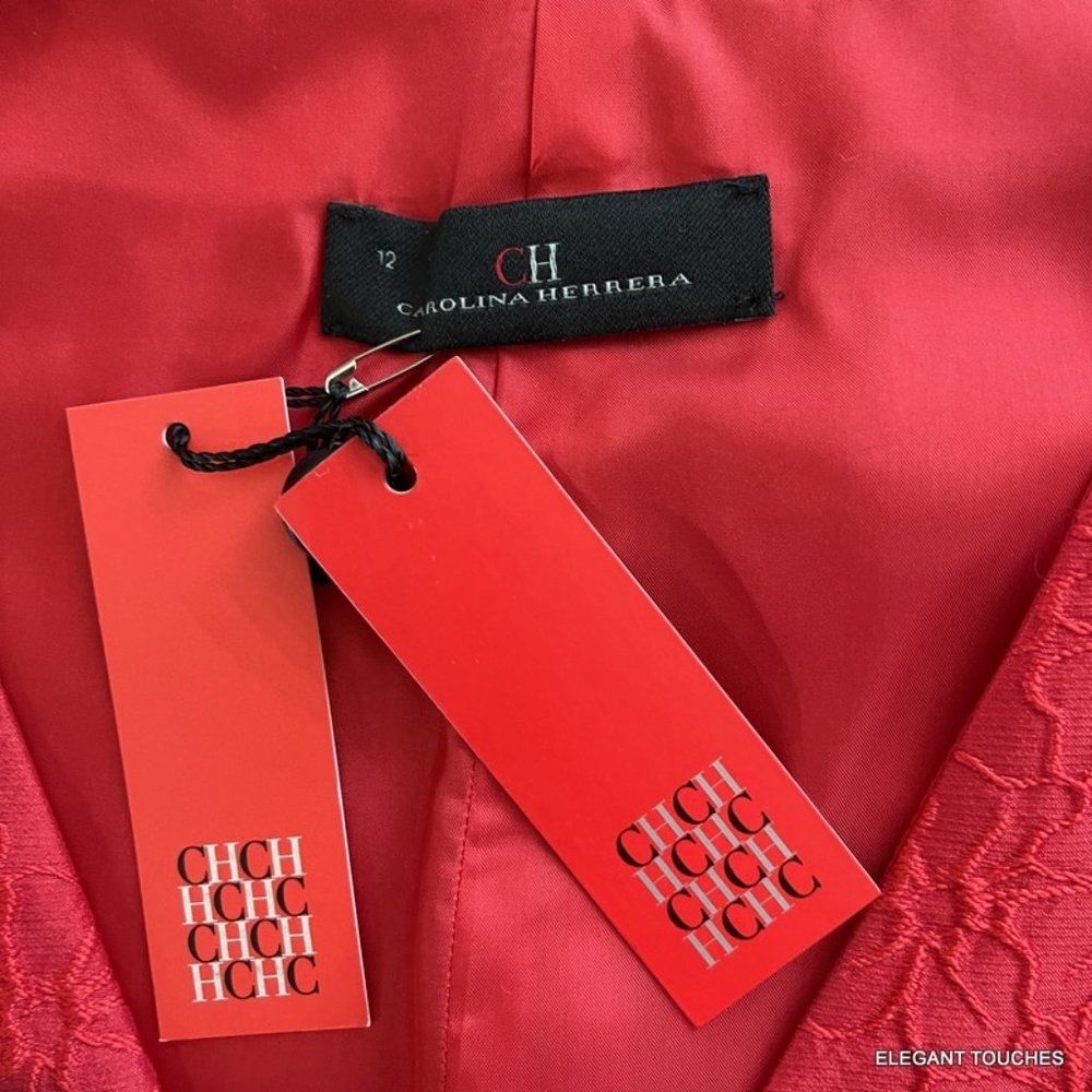 Carolina Herrera Red Bow Sleeveless Cocktail Dress 12 Ribbon Waist Floral Satin - Picture 13 of 14